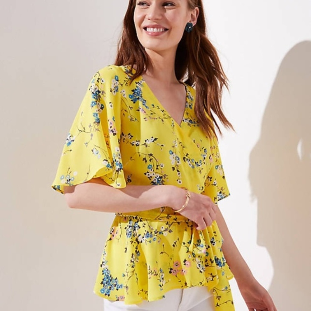 LOFT YELLOW FLORAL TIE FRONT BLOUSE